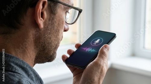 Man uses ai voice call on smartphone for speech synthesis and language translation while avoiding scam with voice cloning technology