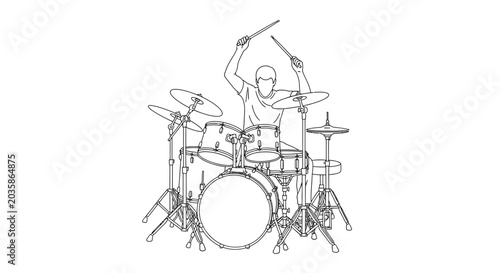 Quadro em tela Drummer Playing Drum Kit, Energetic Music Performance, Line Art Illustration