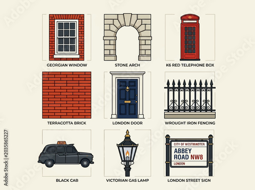 Canvastavla London Architectural Elements and Cultural Icons Set featuring Red Telephone Box