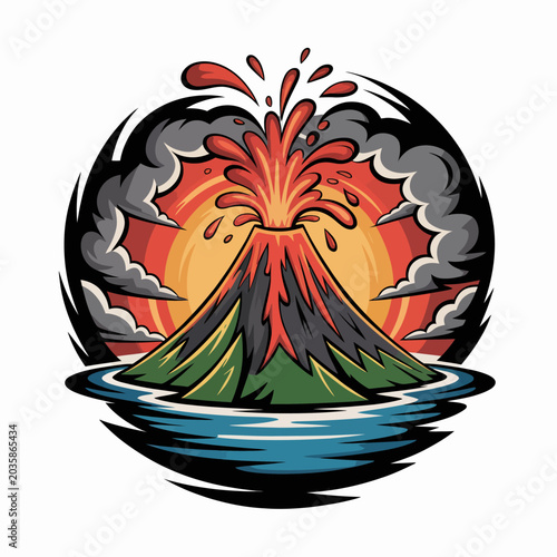 Canvas Print Volcano Eruption with Smoke and Water.