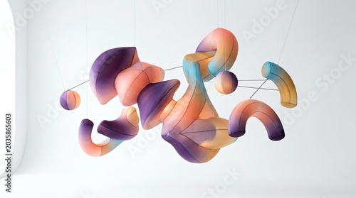Captivating Abstract Sculpture featuring Gradient Hues and Organic Forms Suspended in a Minimalist White Environment, creating a harmonious and innovative artistic display