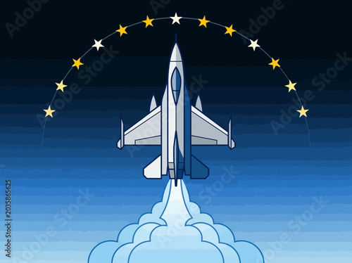 Canvastavla Stylized Jet Fighter Aircraft Ascending with Golden Star Arc Vector Illustration