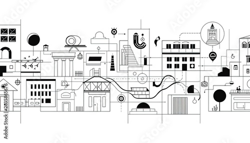 Stylized illustration of a seamlessly interconnected urban landscape representing a smart city network with integrated infrastructure and data flow visualization