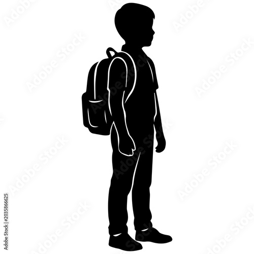 Boy silhouette wearing backpack standing alone