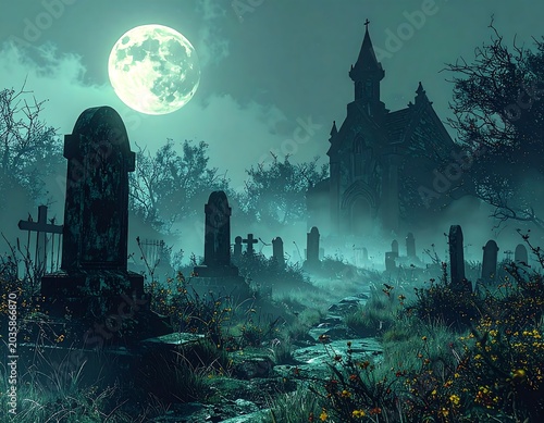 Eerie Moonlit Graveyard with Old Tombstones and Gothic Church in Misty Night Landscape