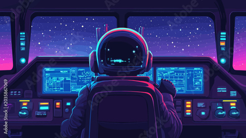 Astronaut navigating spaceship cockpit with starry space view