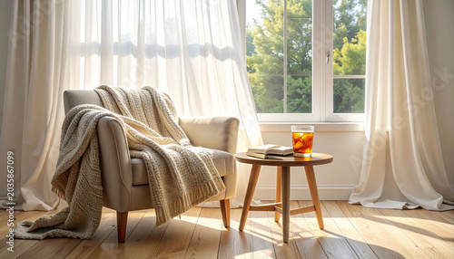 Cozy Reading Nook: A plush, cream-colored armchair draped with a knitted throw invites relaxation, placed beside a small wooden table holding a book and a glass of iced tea.