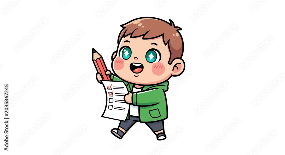 Fototapeta premium Happy cartoon boy holding test paper and pencil.