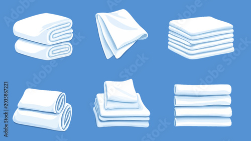 Illustration of various neatly folded and stacked linens on blue background