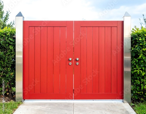 Bold Red Wooden Double Gate Closed Between Green Hedges in Residential Entrance