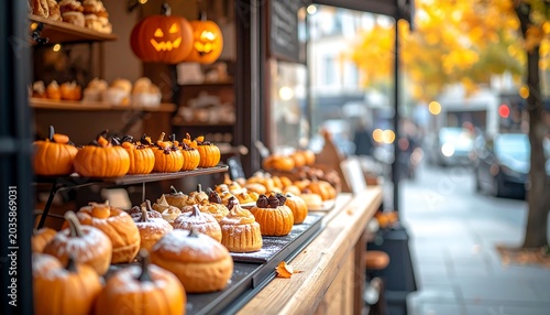Festive Pumpkin Pastries Arranged on Bakery Counter by Autumn Street Window