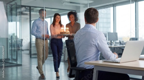 A surprise birthday celebration unfolds in a modern office as colleagues bring a cake with lit candles to a coworker at their desk, highlighting camaraderie and workplace happiness.