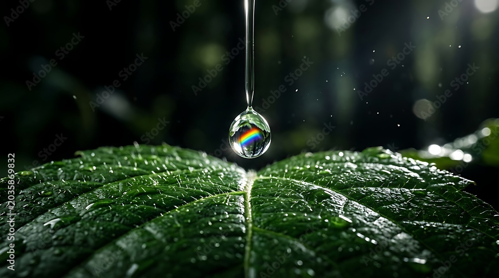 Fototapeta premium Rainbow light reflected in a water drop falling on a green leaf