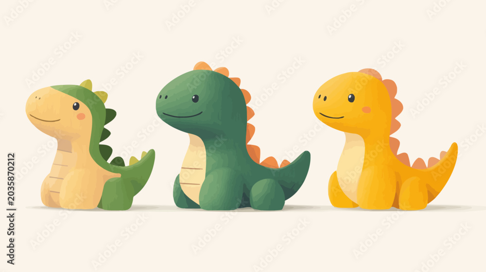 Naklejka premium Three colorful, cartoon-style dinosaur plush toys sit side by side on a plain background