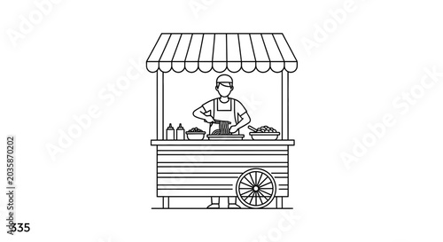 Street Food Vendor Preparing Noodles at Cart Stall - Line Art Illustration