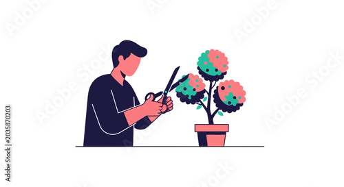 Man pruning a potted plant with scissors, minimalist illustration