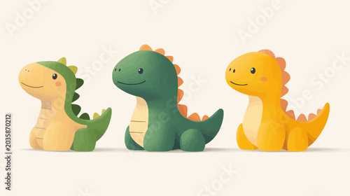 Three colorful, cartoon-style dinosaur plush toys sit side by side on a plain background