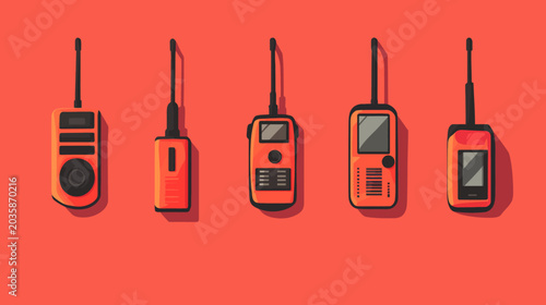 Illustration of five vintage walkie-talkies with long antennas against a red background