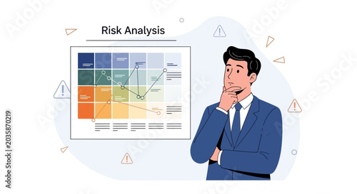 Business man thinking about risk analysis chart with warning signs
