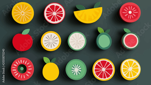 Colorful variety of sliced fruits with shadows on dark background