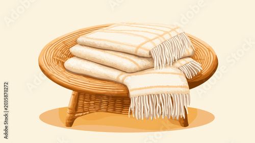 Illustration of neatly folded white towels with brown stripes on a wooden tray