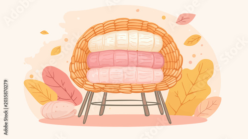 Illustration of a woven basket with pastel-colored bars on a stand, surrounded by autumn leaves