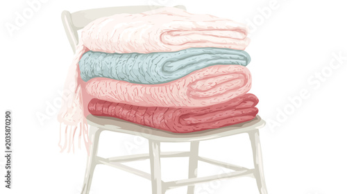 Stack of colorful folded blankets on a wooden chair with a white background
