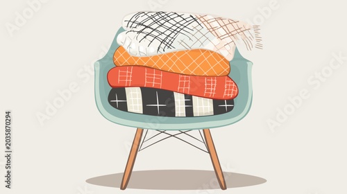 Illustration of a modern light blue armchair filled with folded, patterned textiles