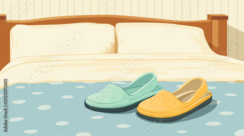 Pair of slippers resting on bedspread in a cozy room