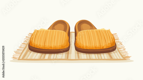 Pair of slippers with wooden soles on a striped rug, cozy scene
