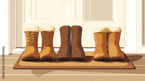 Three pairs of winter boots on a doormat outside door