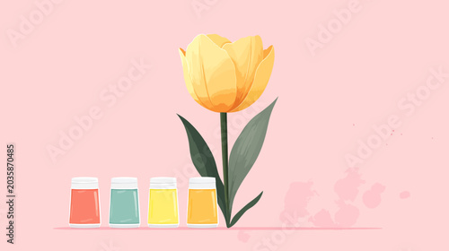 Soft pastel illustration of a single yellow tulip and colorful paint bottles on pink background