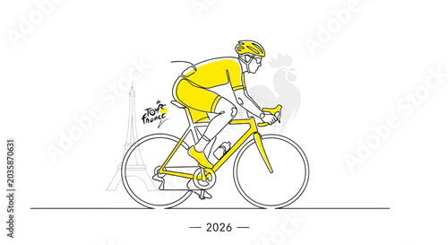 Cyclist in Yellow Jersey, Tour de France Style, Eiffel Tower Silhouette, Rooster Emblem, 2026