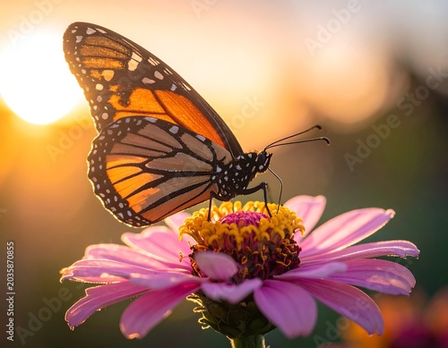 Vibrant Monarch Butterfly Resting on Pink Flower at Sunset Garden
