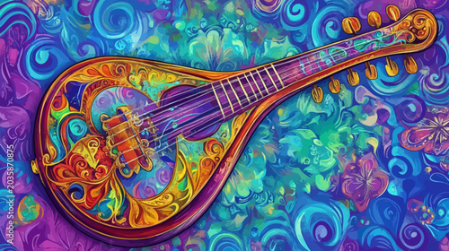 Vibrant, decorative stringed instrument with intricate patterns and colorful background