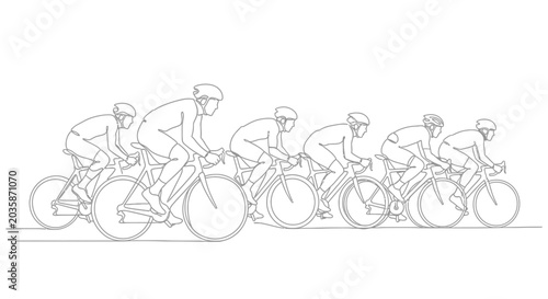 Group of cyclists race on a track, artistic line drawing, sport competition concept