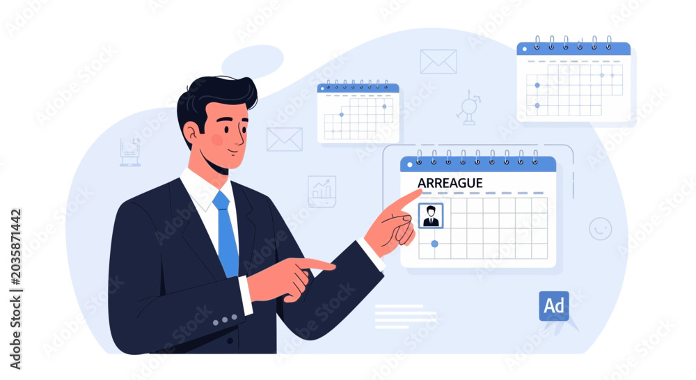 Fototapeta premium Businessman pointing at calendar with appointment and ad icon