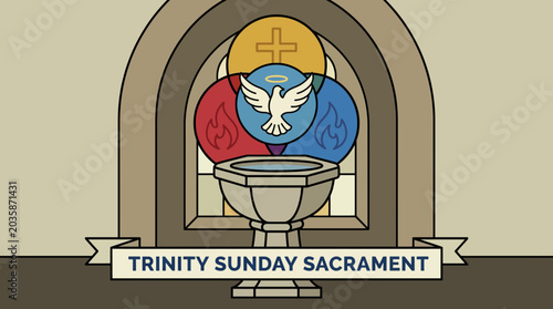 Schilderij op canvas Baptismal Font with Dove Trinity Sunday Sacrament Illustration