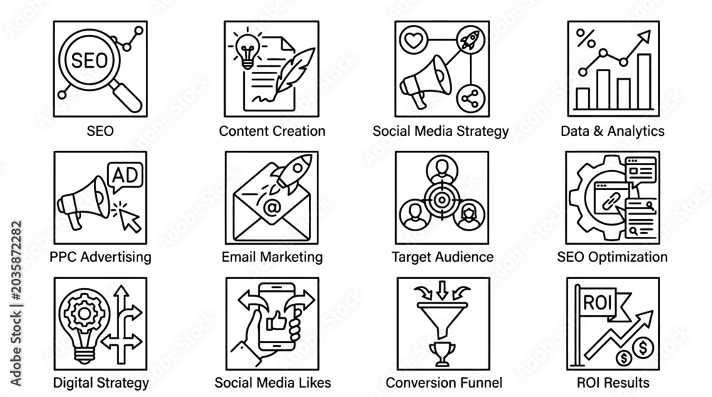 Fototapeta premium Essential line art icons illustrating a wide range of digital marketing strategies and business optimization concepts for modern online presence and growth.