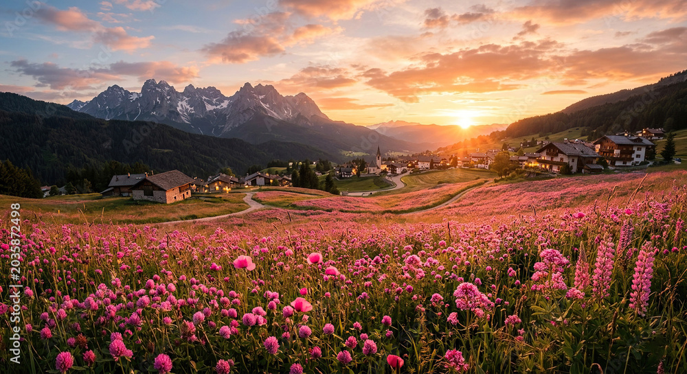 Obraz premium Sunset Alpine Pasture With Blooming Pink Wildflowers