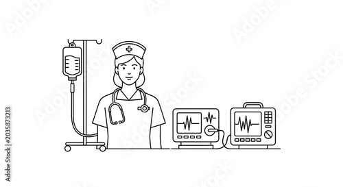 Nurse with Medical Equipment and IV Drip - Line Art Illustration