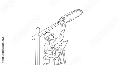 Electrician installing street lamp on ladder, urban infrastructure maintenance, line art illustration