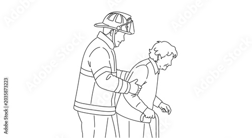 Firefighter Helping Elderly Person Walk with Cane, Safety Assistance Line Art