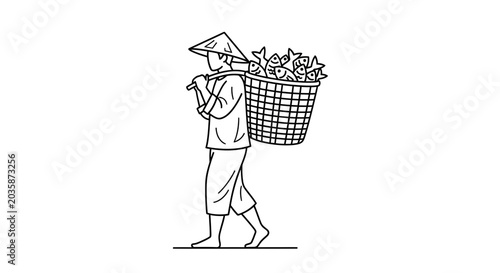 Fisherman Carrying Basket of Fish on Shoulder, Asian Farmer in Conical Hat, Line Art