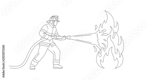 Firefighter Dousing Flames with Water Hose - Line Art Illustration