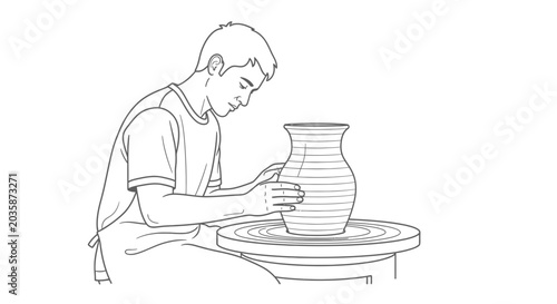 Man making a clay pot on a pottery wheel, line art illustration