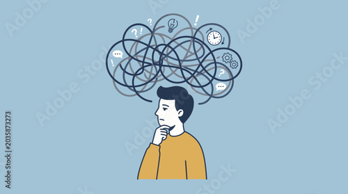 Man Grappling with Overwhelming Thoughts and Mental Confusion, Depicting Stress, Problem-Solving Challenges, and the Complexities of Human Cognition