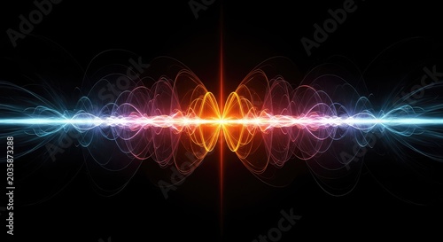 Abstract depiction of increasing energy waves meeting a matching frequency point, showing maximum amplitude and controlled stability, light, digital, feedback
