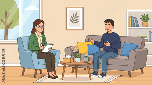 Young man openly discusses his thoughts and emotions with a professional female psychotherapist in a supportive counseling session, focusing on mental well-being and psychological support
