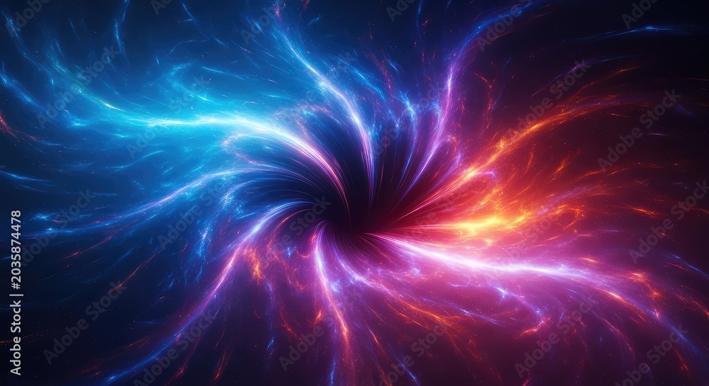 Obraz premium Deep space abstract visualization of a gravitational singularity, featuring a dark, warping center and swirling cosmic energies, power, black hole, energy